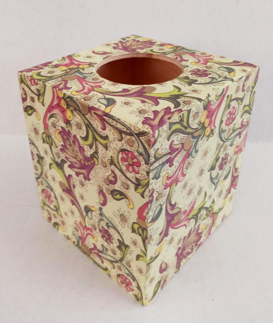Beautiful Decoupage Wood Tissue Box Cover With Bottom Classic Floral Scroll Florentine Print Italian Paper With Golden Highlights