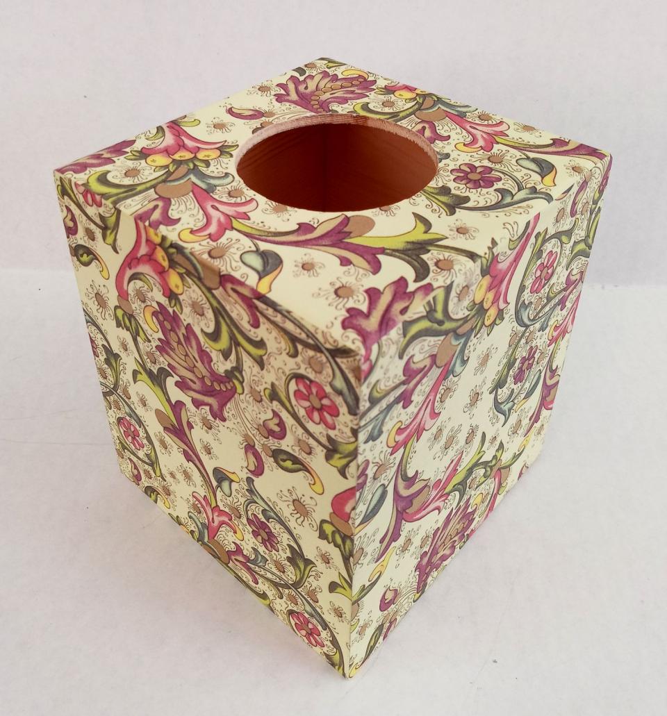 Beautiful Decoupage Wood Tissue Box Cover With Bottom Classic Floral Scroll Florentine Print Italian Paper With Golden Highlights