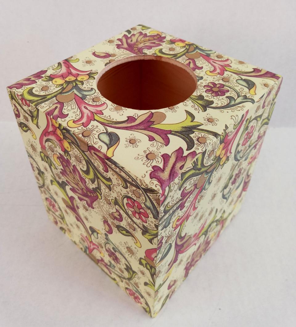 Beautiful Decoupage Wood Tissue Box Cover With Bottom Classic Floral Scroll Florentine Print Italian Paper With Golden Highlights