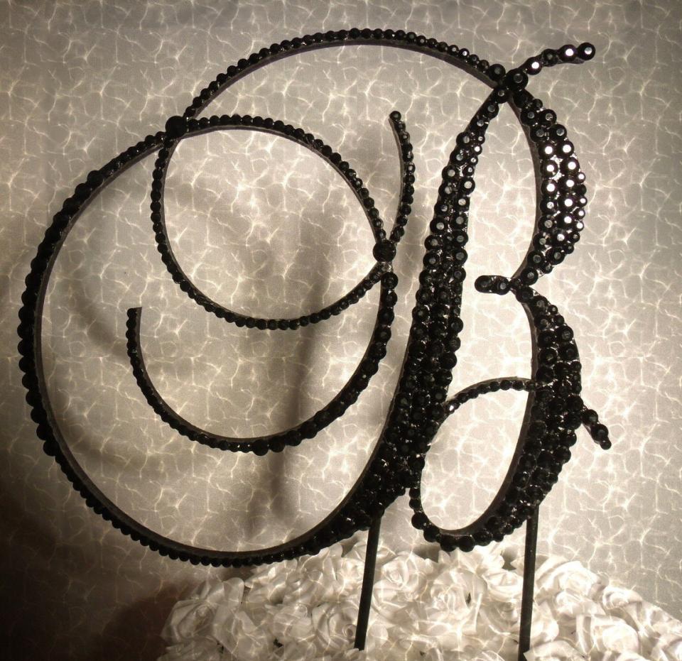 Handmade Glass Black Crystals 6" Tall Wooden Letter "B" Wedding Cake Topper  A B C D E F G H I J K L M N O P R S