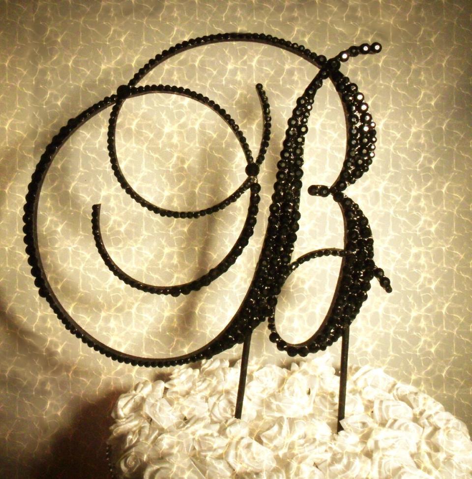 Handmade Glass Black Crystals 6" Tall Wooden Letter "B" Wedding Cake Topper  A B C D E F G H I J K L M N O P R S