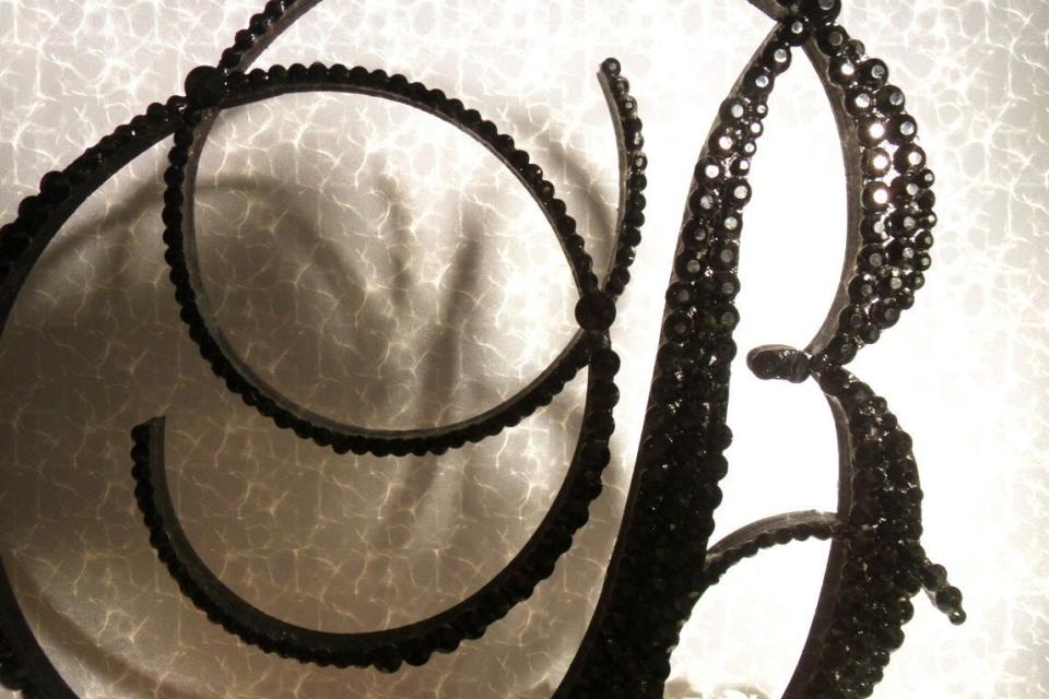 Handmade Glass Black Crystals 6" Tall Wooden Letter "B" Wedding Cake Topper  A B C D E F G H I J K L M N O P R S