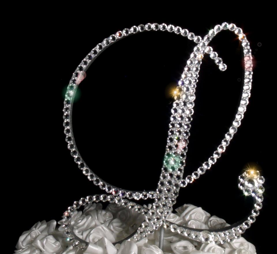 Handmade Glass Clear Crystals  5" Tall Silver or Gold Base  Wooden Monogram Letter "L" Wedding Cake Topper