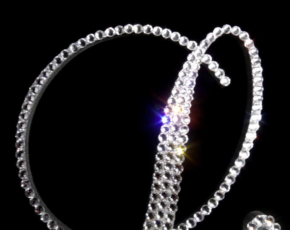 Handmade Glass Clear Crystals  5" Tall Silver or Gold Base  Wooden Monogram Letter "L" Wedding Cake Topper