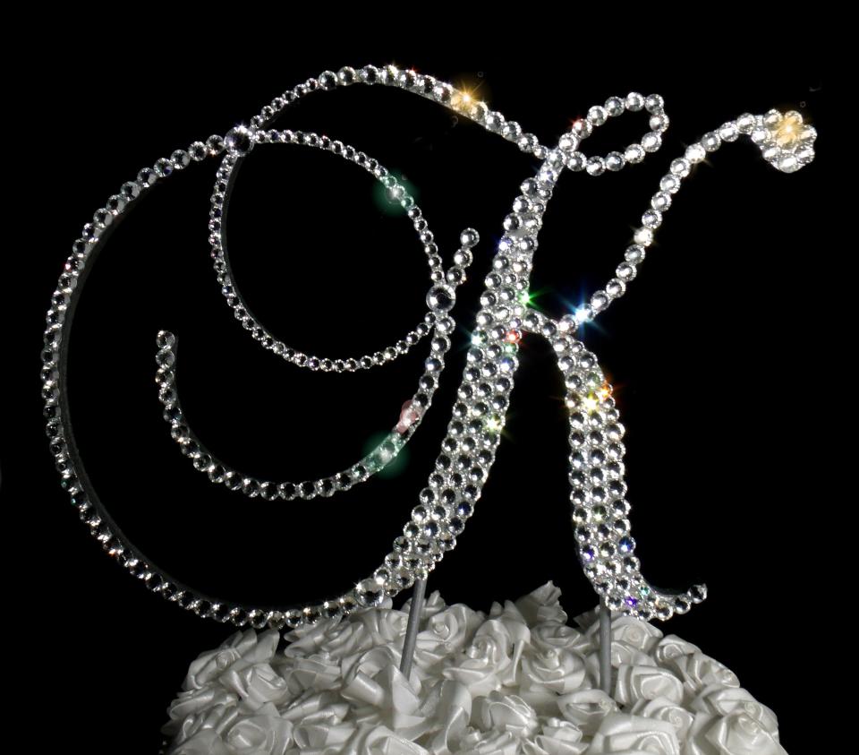 Handmade Clear Crystals  6" Tall Fits 5 1/2 inch Tier and Up  Silver or Gold Base  Wooden Monogram Letter "K" Wedding Cake Topper