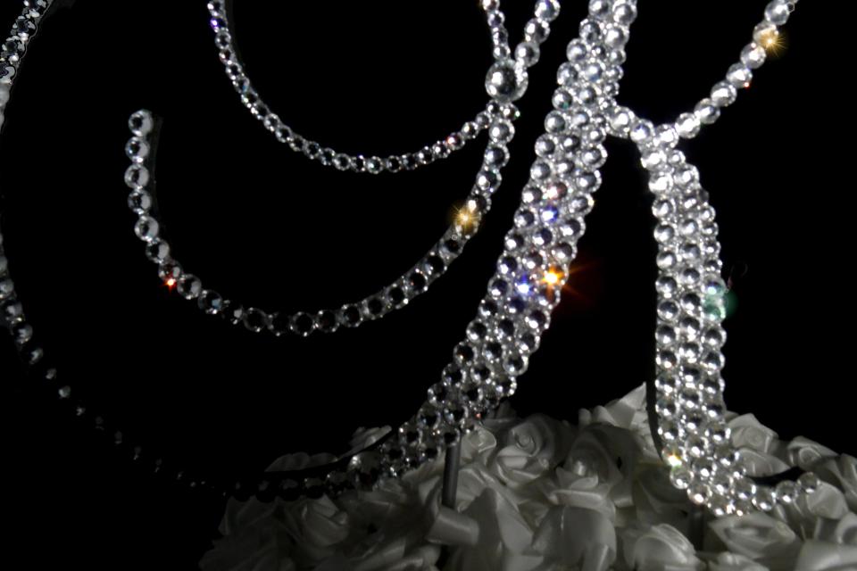 Handmade Clear Crystals  6" Tall Fits 5 1/2 inch Tier and Up  Silver or Gold Base  Wooden Monogram Letter "K" Wedding Cake Topper
