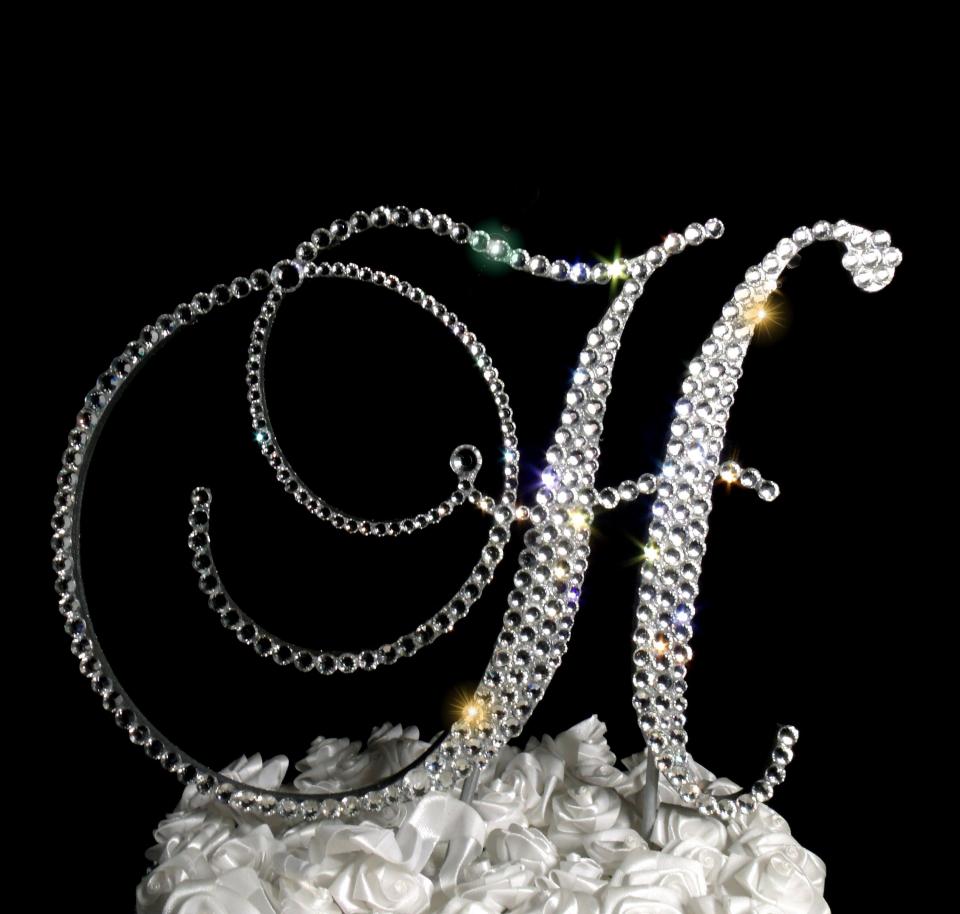 Handmade Glass Clear Crystals  6" Tall Silver or Gold Base Wooden Monogram Letter "H" Wedding Cake Topper