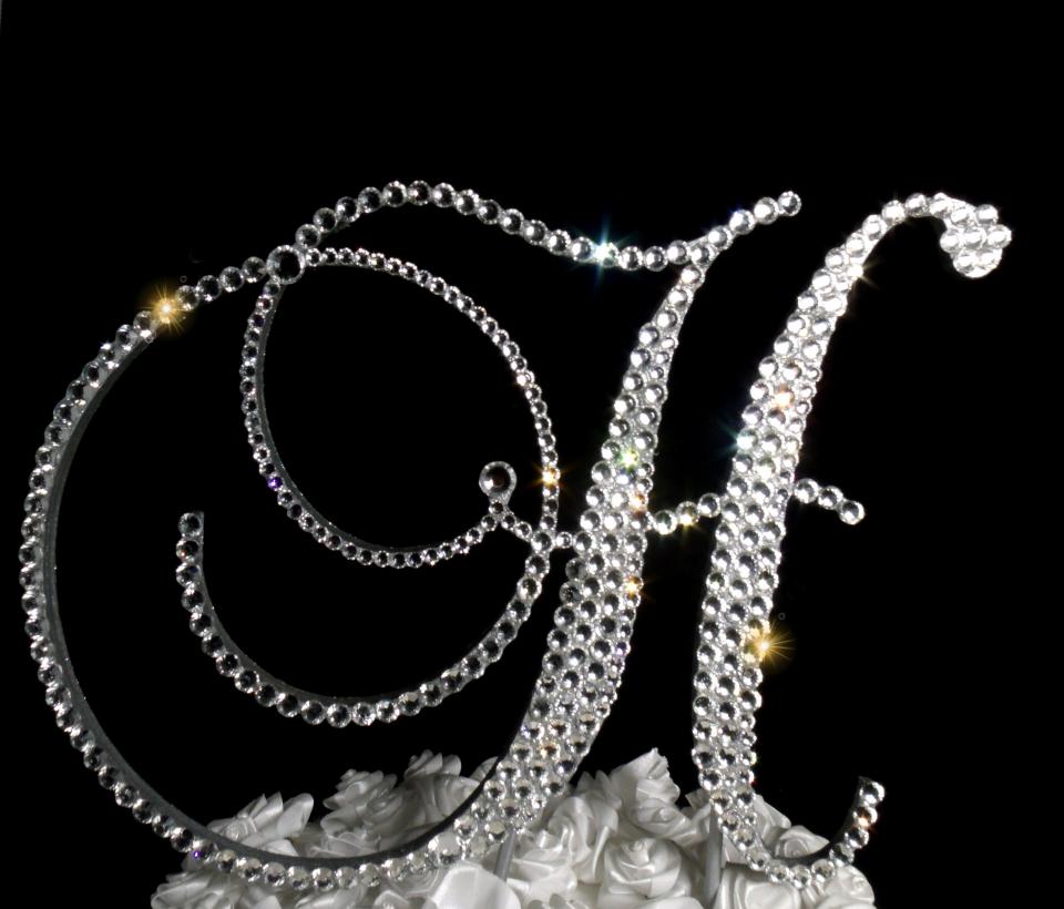 Handmade Glass Clear Crystals  6" Tall Silver or Gold Base Wooden Monogram Letter "H" Wedding Cake Topper