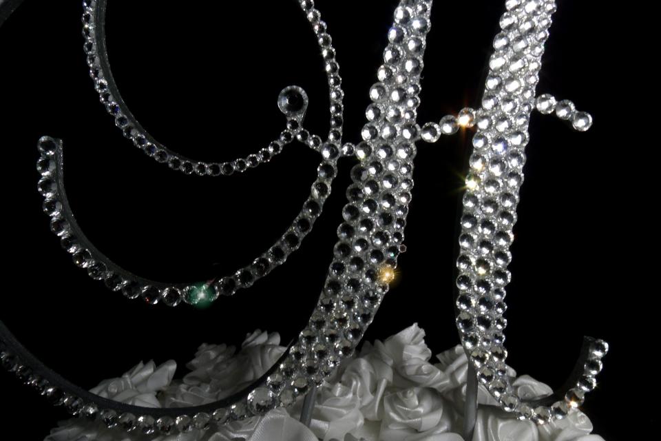 Handmade Glass Clear Crystals  6" Tall Silver or Gold Base Wooden Monogram Letter "H" Wedding Cake Topper