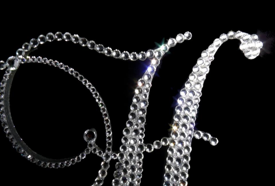 Handmade Glass Clear Crystals  6" Tall Silver or Gold Base Wooden Monogram Letter "H" Wedding Cake Topper