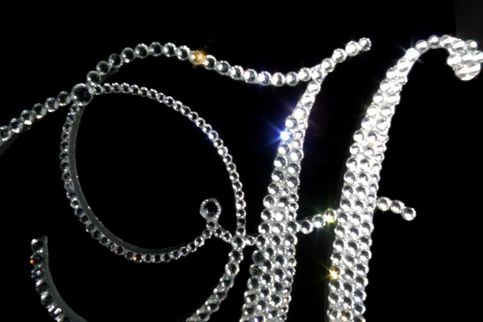 Handmade Glass Clear Crystals  6" Tall Silver or Gold Base Wooden Monogram Letter "H" Wedding Cake Topper