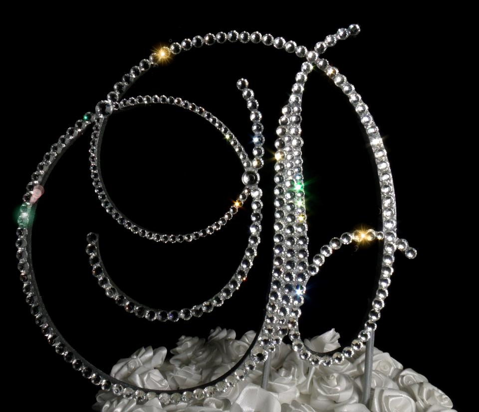 Handmade Glass Clear Crystals  6" Tall Silver or Gold Base Wooden Monogram Letter "D" Wedding Cake Topper