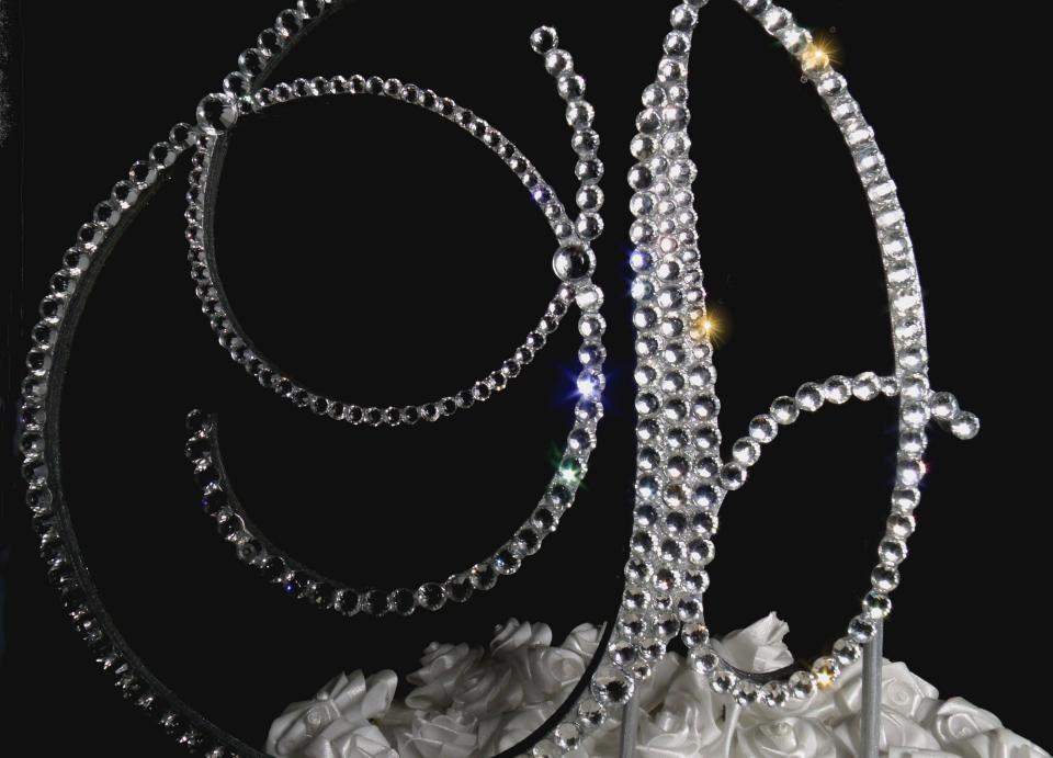 Handmade Glass Clear Crystals  6" Tall Silver or Gold Base Wooden Monogram Letter "D" Wedding Cake Topper
