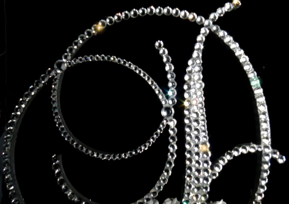 Handmade Glass Clear Crystals  6" Tall Silver or Gold Base Wooden Monogram Letter "D" Wedding Cake Topper