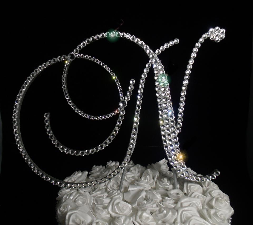 Handmade Glass Clear Crystals  5" Tall Silver or Gold Base Wooden Monogram Letter "N" Wedding Cake Topper