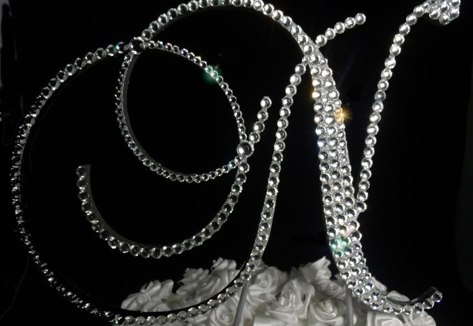 Handmade Glass Clear Crystals  5" Tall Silver or Gold Base Wooden Monogram Letter "N" Wedding Cake Topper