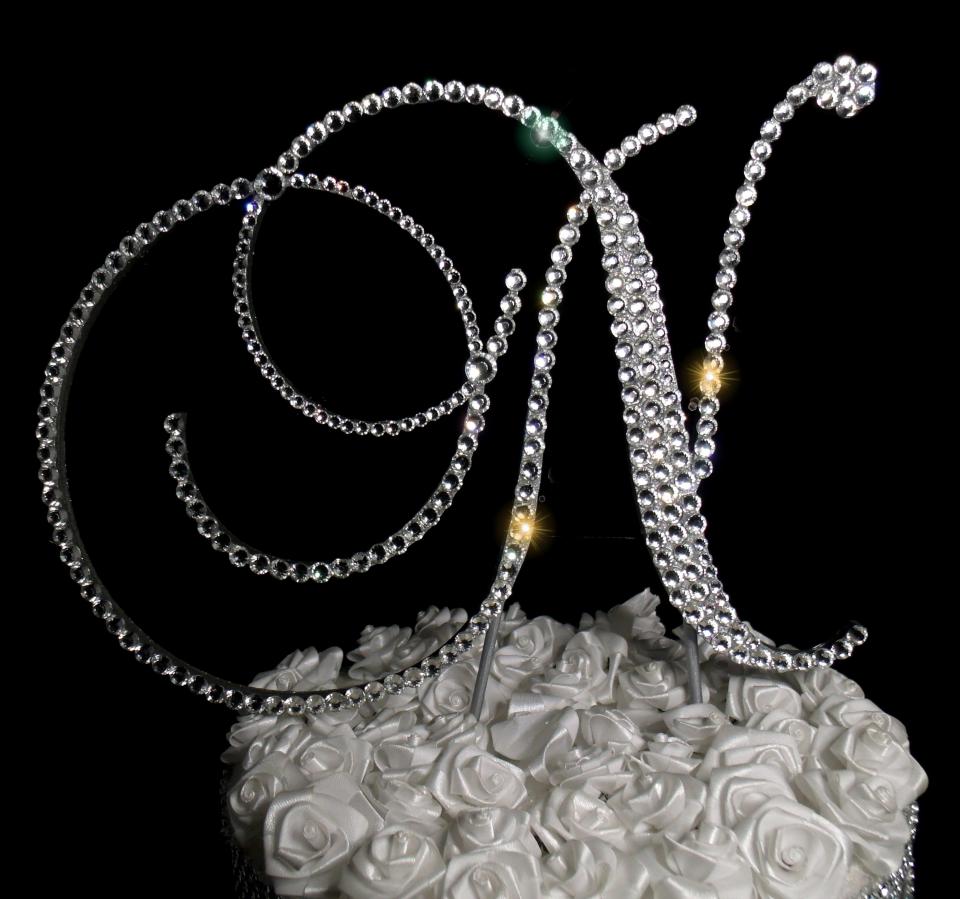 Handmade Glass Clear Crystals  5" Tall Silver or Gold Base Wooden Monogram Letter "N" Wedding Cake Topper