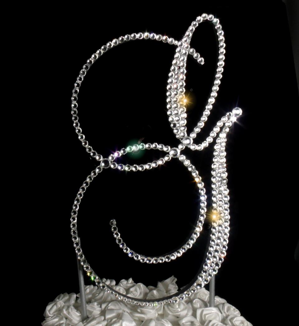 Handmade Glass Clear Crystals  6" Tall Silver or Gold Base Wooden Monogram Letter "G" Wedding Cake Topper