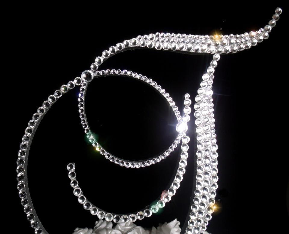 Handmade Glass Clear Crystals  5" Tall Silver or Gold Base Wooden Monogram Letter "T" Wedding Cake Topper
