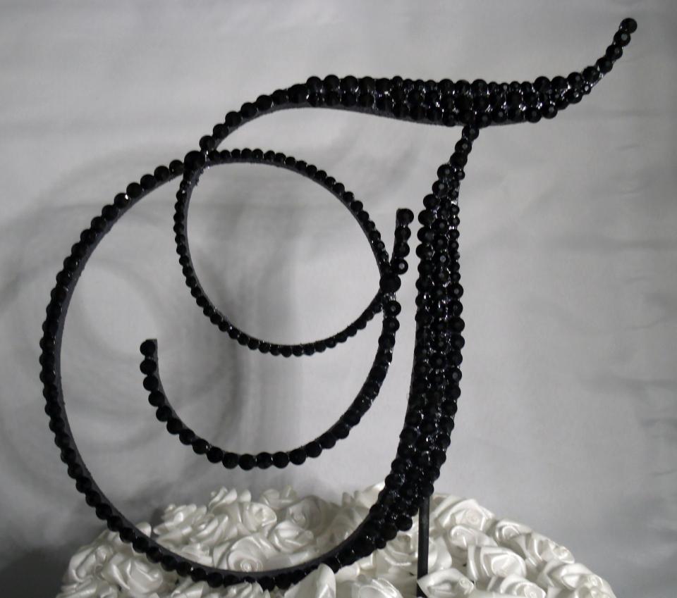 Handmade Glass Black Crystals 5" Tall Wooden Letter "T" Wedding Cake Topper  A B C D E F G H I J K L M N O P R S