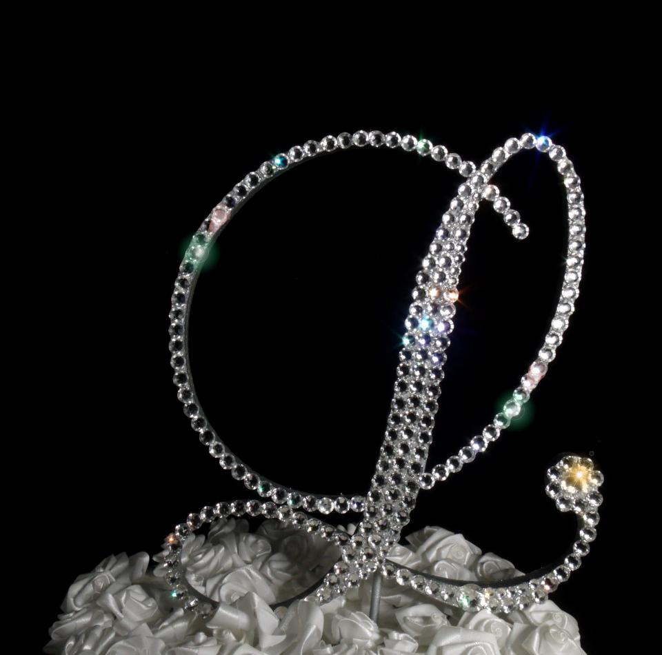 Handmade Glass Clear Crystals  5" Tall Silver or Gold Base  Wooden Monogram Letter "L" Wedding Cake Topper