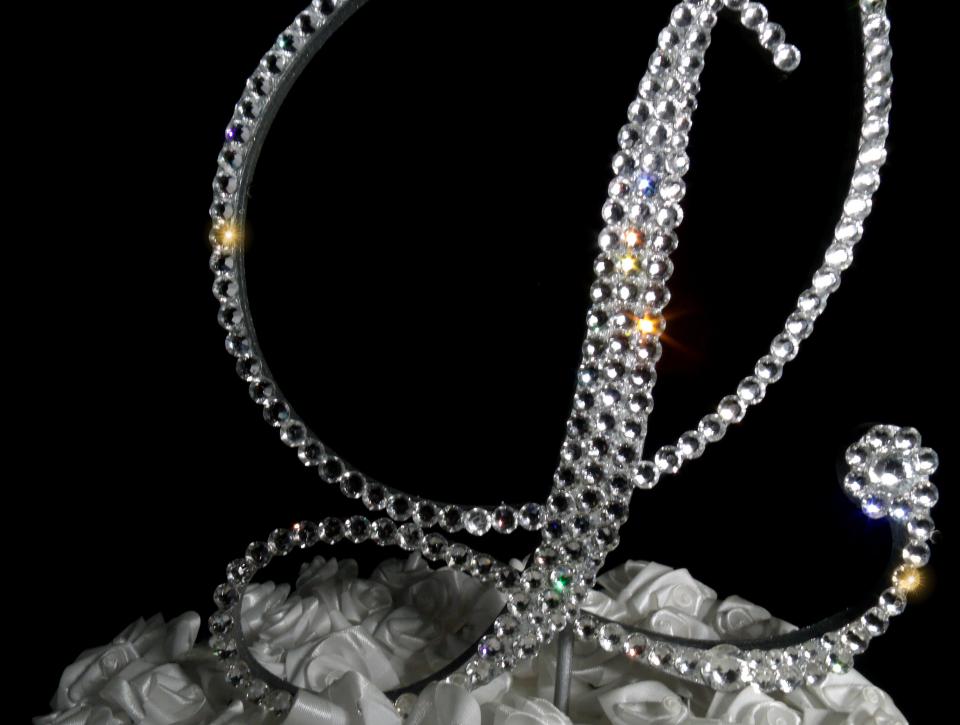Handmade Glass Clear Crystals  5" Tall Silver or Gold Base  Wooden Monogram Letter "L" Wedding Cake Topper