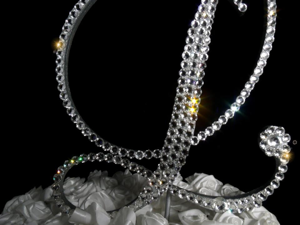 Handmade Glass Clear Crystals  5" Tall Silver or Gold Base  Wooden Monogram Letter "L" Wedding Cake Topper