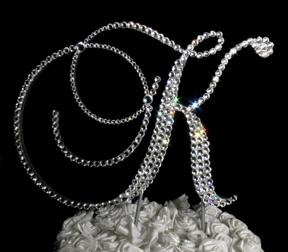 Handmade Clear Crystals  6" Tall Fits 5 1/2 inch Tier and Up  Silver or Gold Base  Wooden Monogram Letter "K" Wedding Cake Topper