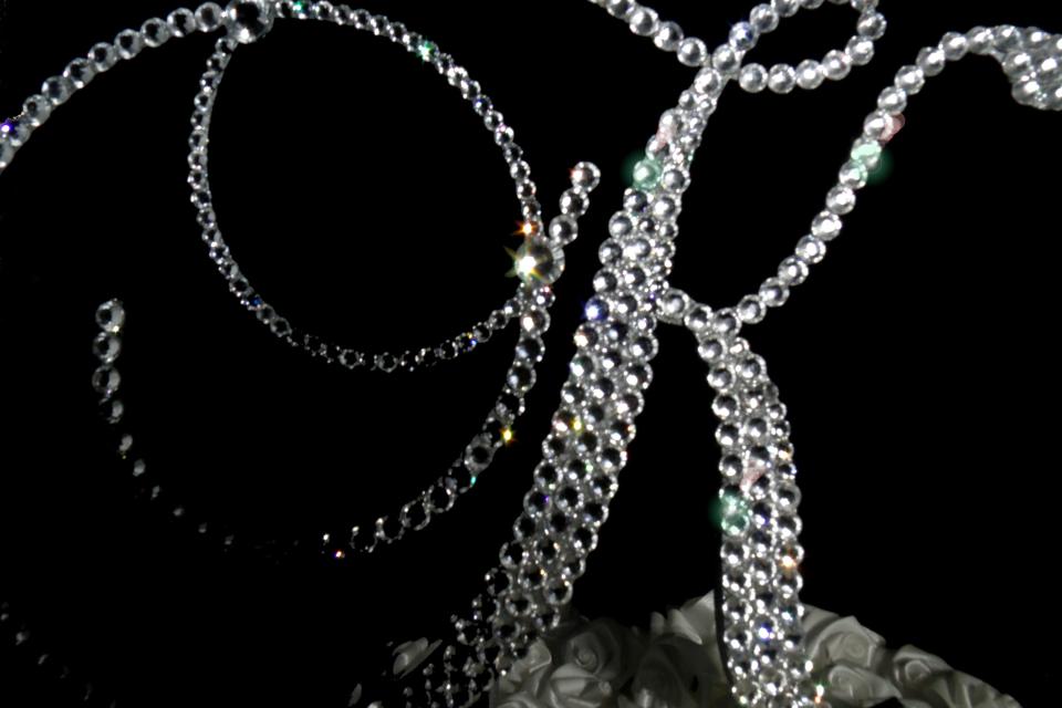 Handmade Clear Crystals  6" Tall Fits 5 1/2 inch Tier and Up  Silver or Gold Base  Wooden Monogram Letter "K" Wedding Cake Topper