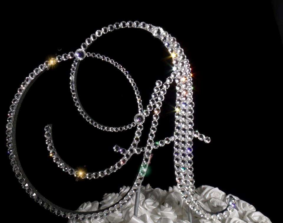 Handmade Glass Clear Crystals  6" Tall Silver or Gold Base Monogram Letter "A" Wedding Cake Topper