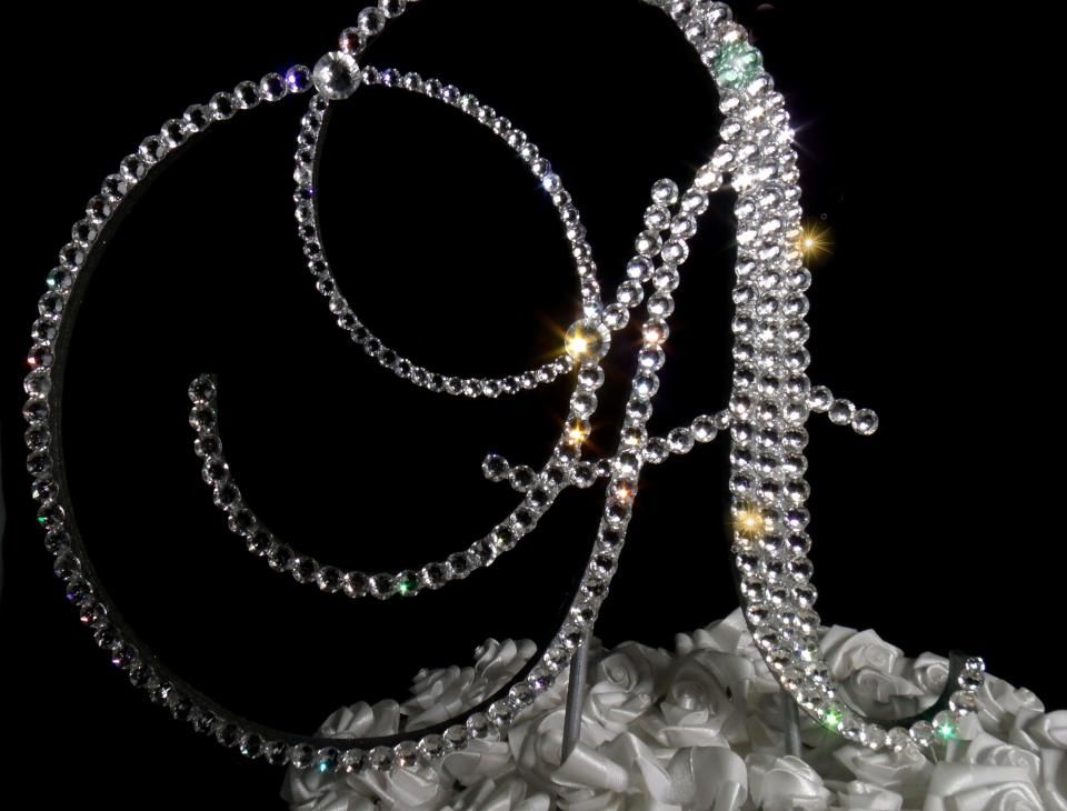 Handmade Glass Clear Crystals  6" Tall Silver or Gold Base Monogram Letter "A" Wedding Cake Topper