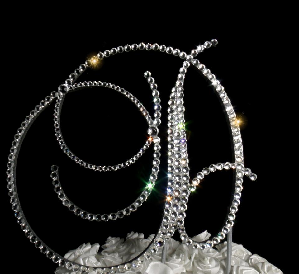 Handmade Glass Clear Crystals  6" Tall Silver or Gold Base Wooden Monogram Letter "D" Wedding Cake Topper