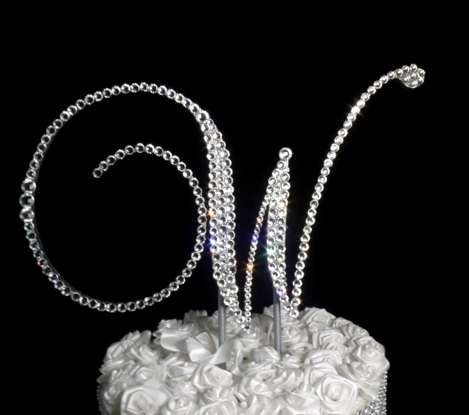 Handmade Glass Clear Crystals  5" Tall Silver or Gold Base Wooden Monogram Letter "W" Wedding Cake Topper