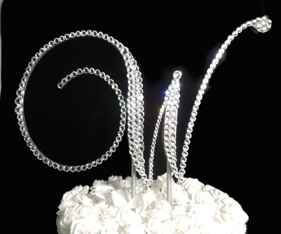 Handmade Glass Clear Crystals  5" Tall Silver or Gold Base Wooden Monogram Letter "W" Wedding Cake Topper