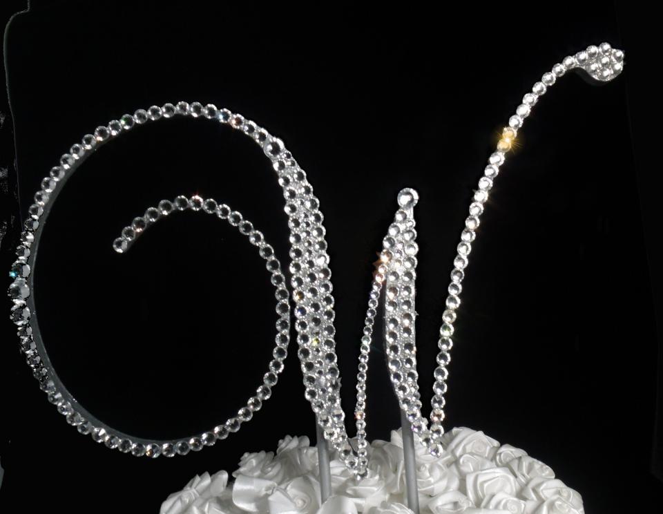 Handmade Glass Clear Crystals  5" Tall Silver or Gold Base Wooden Monogram Letter "W" Wedding Cake Topper