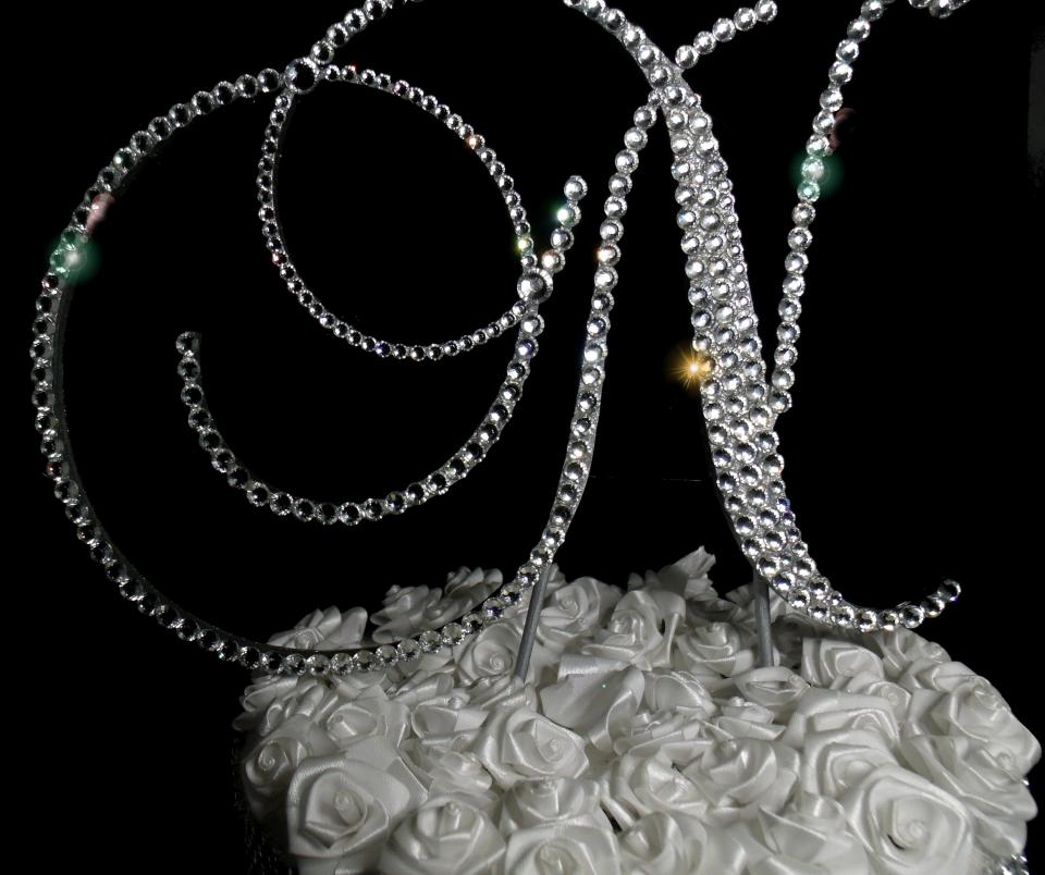 Handmade Glass Clear Crystals  5" Tall Silver or Gold Base Wooden Monogram Letter "N" Wedding Cake Topper