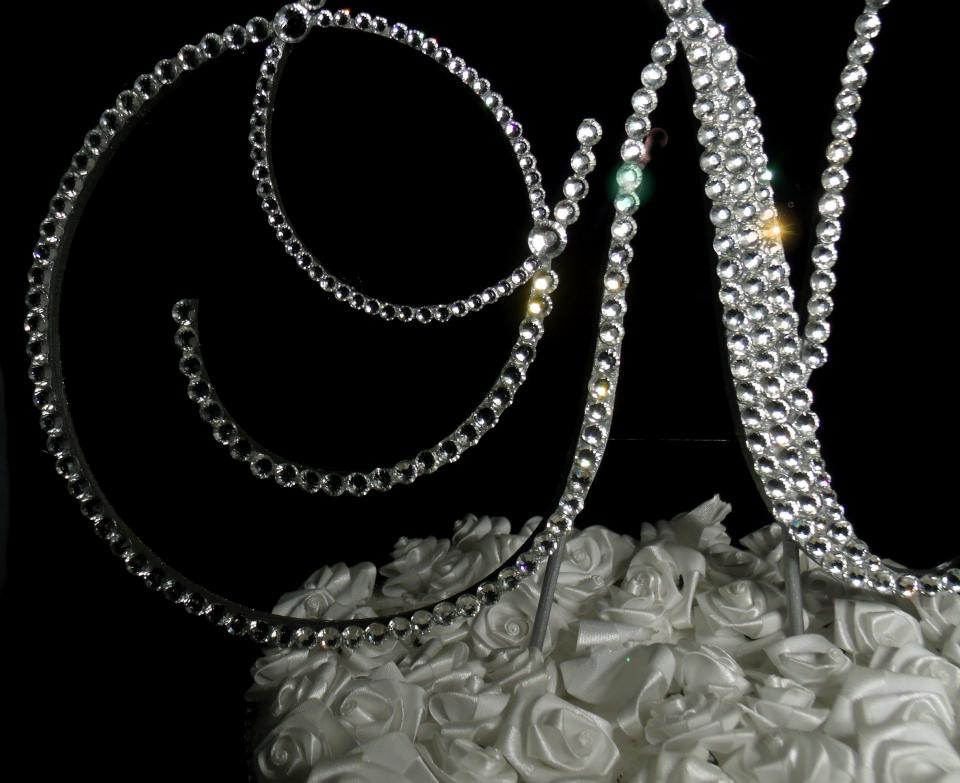 Handmade Glass Clear Crystals  5" Tall Silver or Gold Base Wooden Monogram Letter "N" Wedding Cake Topper
