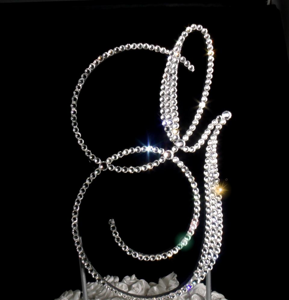 Handmade Glass Clear Crystals  6" Tall Silver or Gold Base Wooden Monogram Letter "G" Wedding Cake Topper