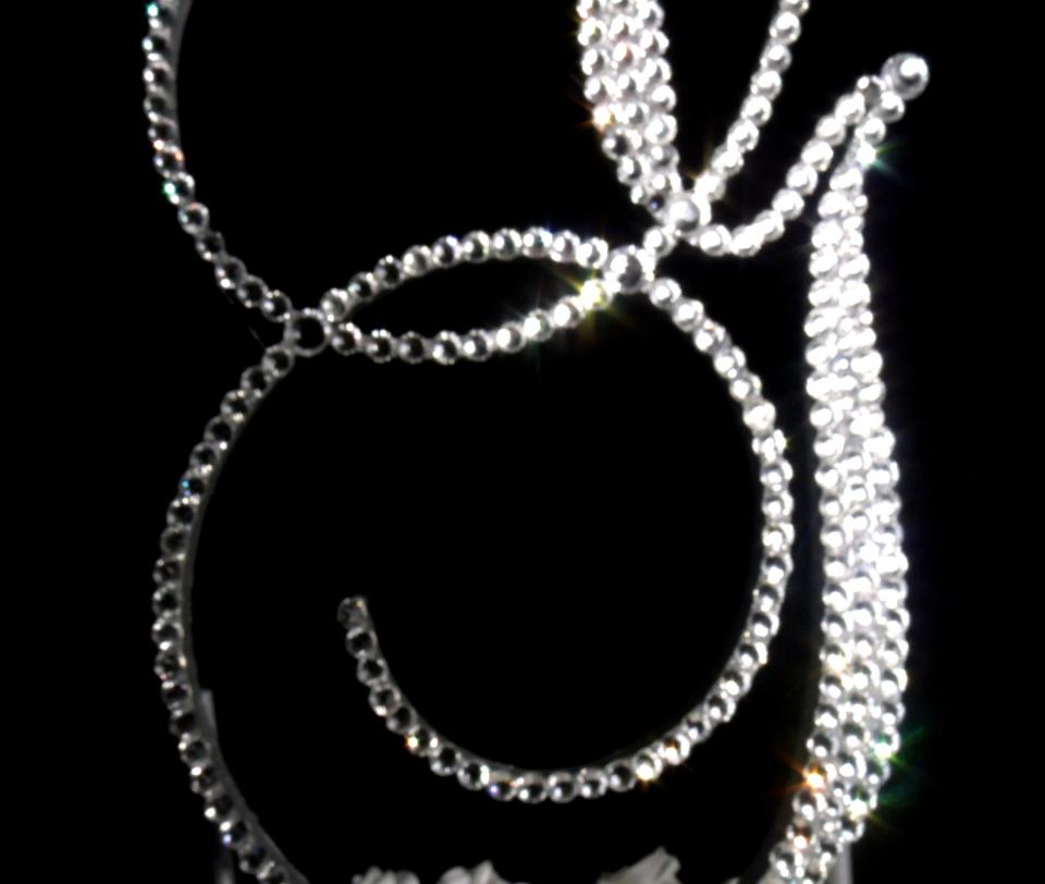 Handmade Glass Clear Crystals  6" Tall Silver or Gold Base Wooden Monogram Letter "G" Wedding Cake Topper