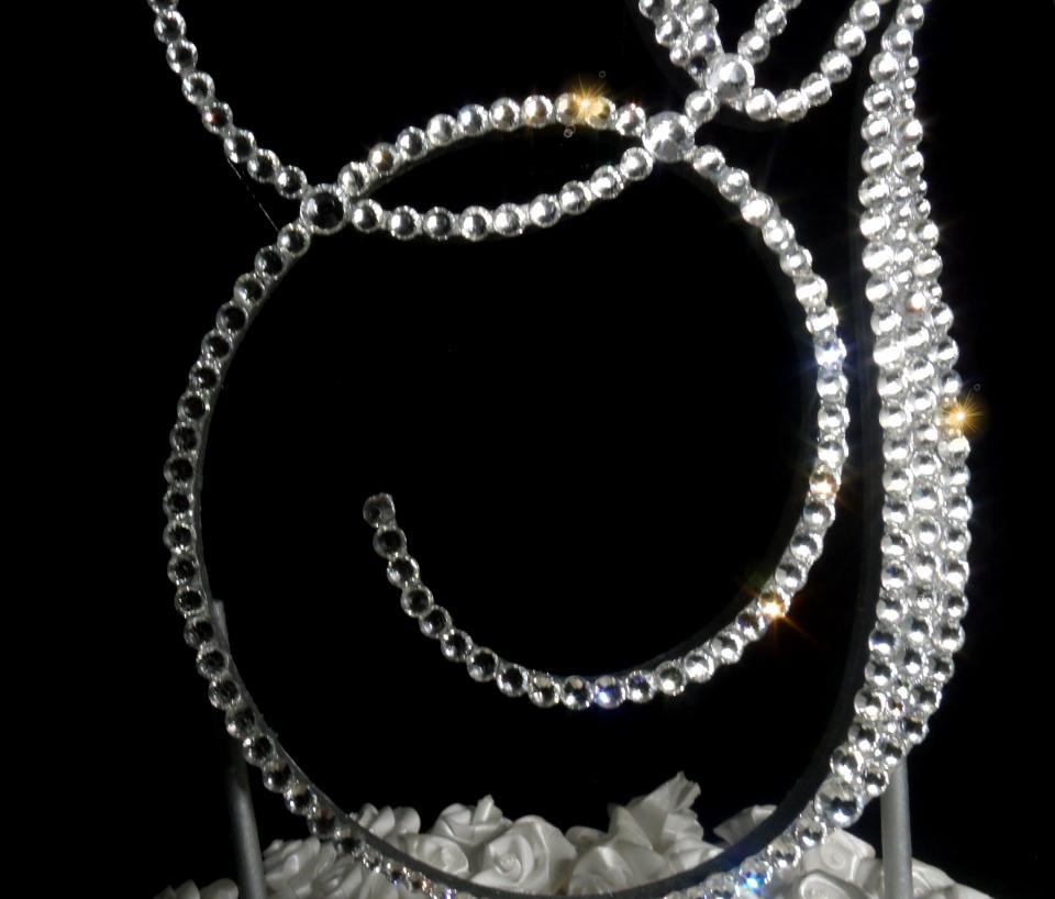 Handmade Glass Clear Crystals  6" Tall Silver or Gold Base Wooden Monogram Letter "G" Wedding Cake Topper