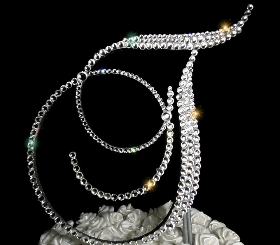 Handmade Glass Clear Crystals  5" Tall Silver or Gold Base Wooden Monogram Letter "T" Wedding Cake Topper
