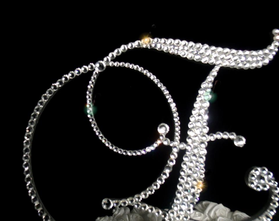 Handmade Glass Clear Crystals  6" Tall Silver or Gold Base Wooden Monogram Letter "E" Wedding Cake Topper