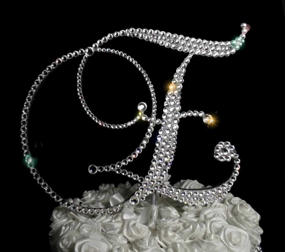 Handmade Glass Clear Crystals  6" Tall Silver or Gold Base Wooden Monogram Letter "E" Wedding Cake Topper