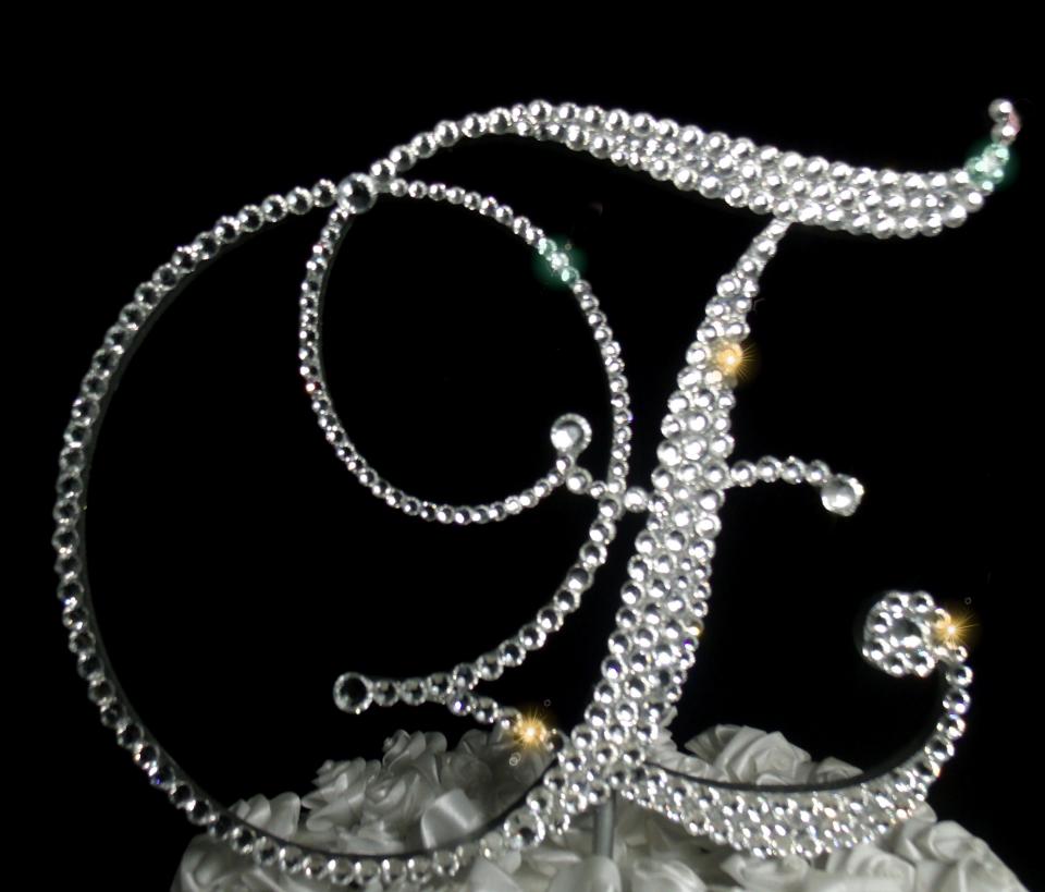 Handmade Glass Clear Crystals  6" Tall Silver or Gold Base Wooden Monogram Letter "E" Wedding Cake Topper