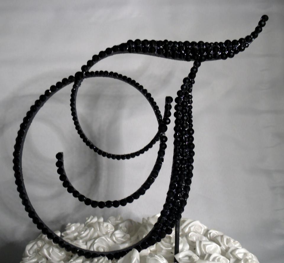 Handmade Glass Black Crystals 5" Tall Wooden Letter "T" Wedding Cake Topper  A B C D E F G H I J K L M N O P R S