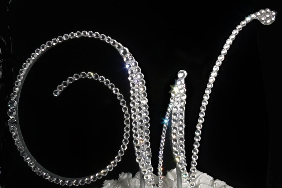Handmade Glass Clear Crystals  5" Tall Silver or Gold Base Wooden Monogram Letter "W" Wedding Cake Topper