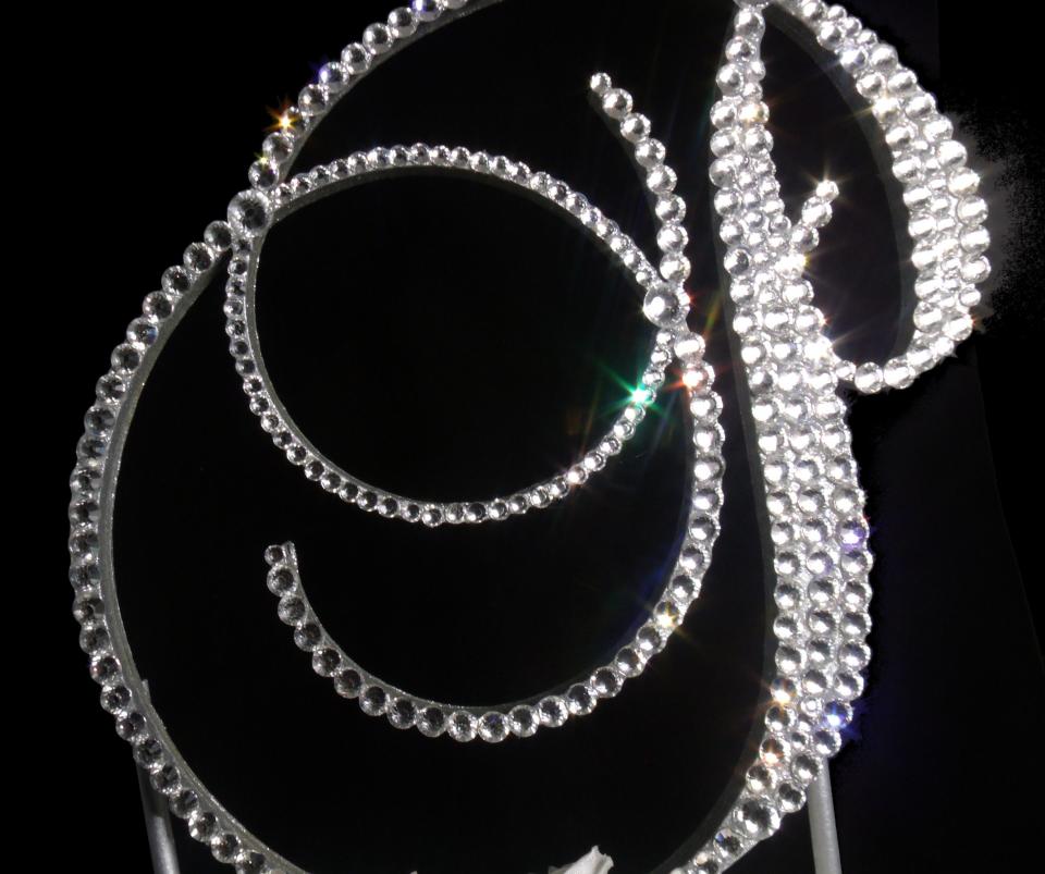 Handmade Glass Clear Crystals  6" Tall Silver or Gold Base Wooden Monogram Letter "P" Wedding Cake Topper