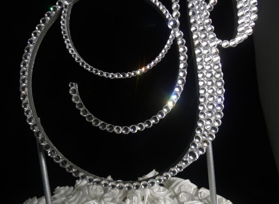 Handmade Glass Clear Crystals  6" Tall Silver or Gold Base Wooden Monogram Letter "P" Wedding Cake Topper