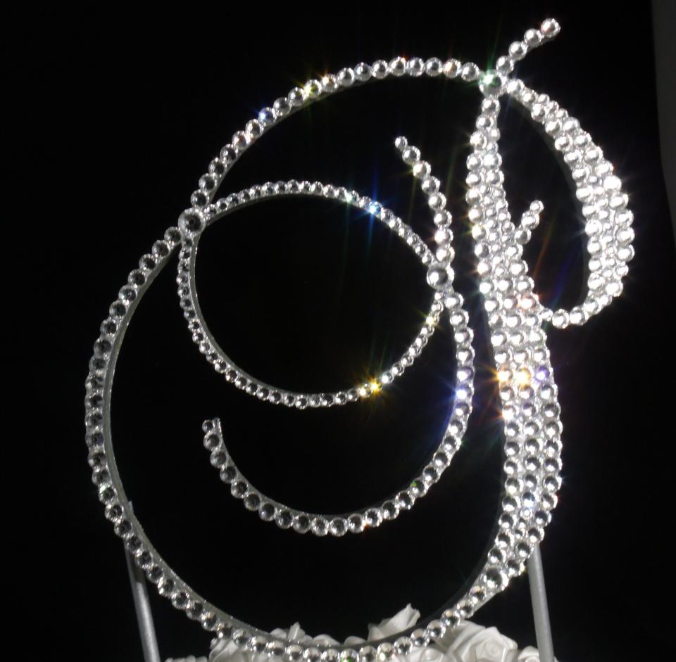 Handmade Glass Clear Crystals  6" Tall Silver or Gold Base Wooden Monogram Letter "P" Wedding Cake Topper