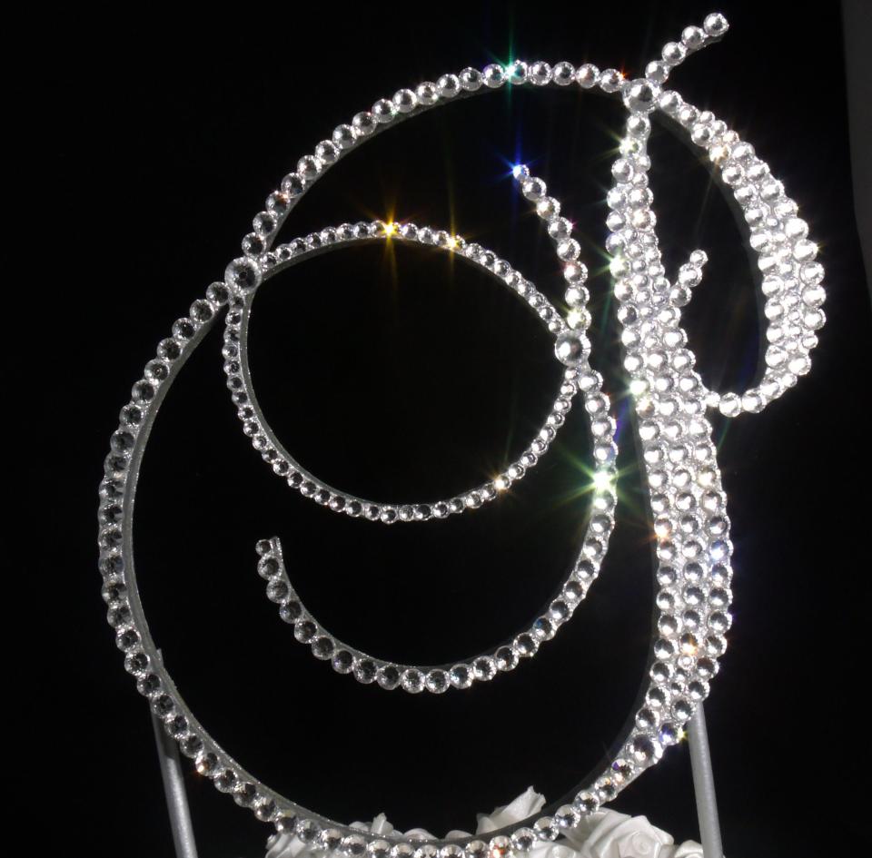Handmade Glass Clear Crystals  6" Tall Silver or Gold Base Wooden Monogram Letter "P" Wedding Cake Topper